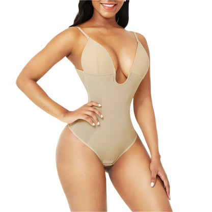 Tummy Control Body Shaper Thong - Women's U-Plunge Shapewear Bodysuit & Waist Trainer Corset