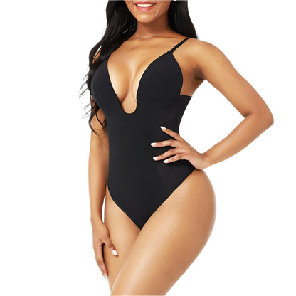 Tummy Control Body Shaper Thong - Women's U-Plunge Shapewear Bodysuit & Waist Trainer Corset