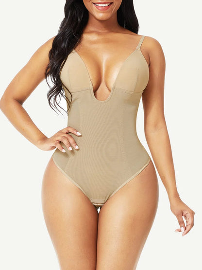 Tummy Control Body Shaper Thong - Women's U-Plunge Shapewear Bodysuit & Waist Trainer Corset